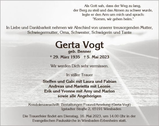 Traueranzeige von Gerta Vogt von Wiesbadener Kurier