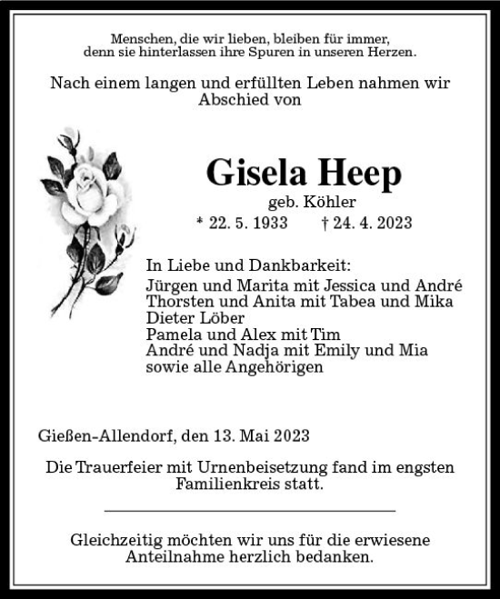 Traueranzeige von Gisela Heep von Wetzlarer Neue Zeitung