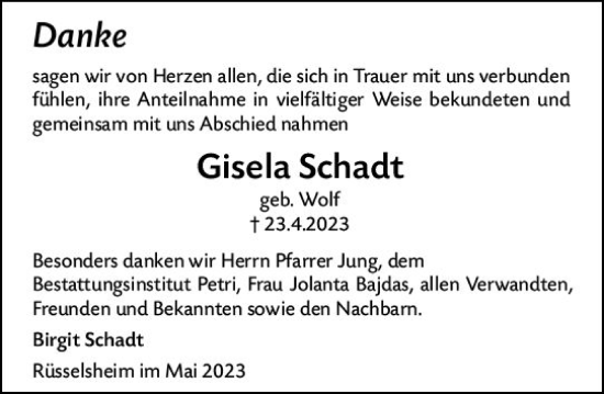 Traueranzeige von Gisela Schadt von Rüsselsheimer Echo