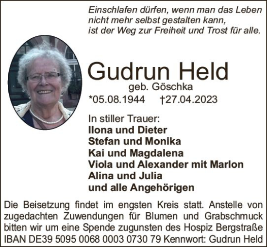 Traueranzeige von Gudrun Held von Starkenburger Echo