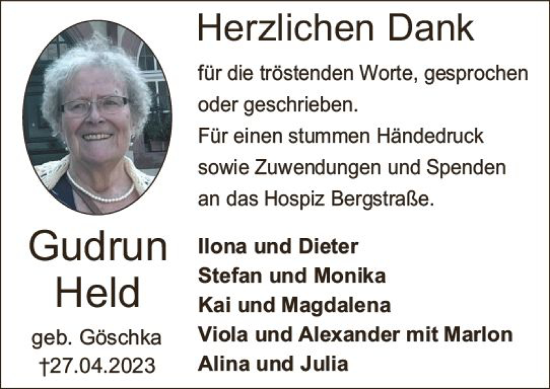 Traueranzeige von Gudrun Held von Starkenburger Echo
