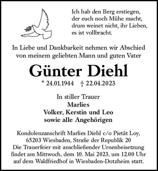 Traueranzeige von Günter Diehl von Wiesbadener Kurier