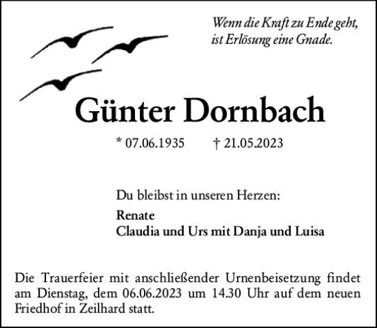 Traueranzeige von Günter Dornbach von Darmstädter Echo