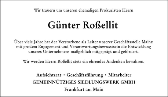 Traueranzeige von Günter Roßellit von Allgemeine Zeitung Mainz