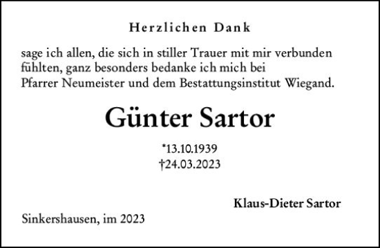 Traueranzeige von Günter Sartor von Hinterländer Anzeiger