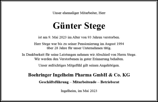 Traueranzeige von Günter Stege von Allgemeine Zeitung Bingen/Ingelheim