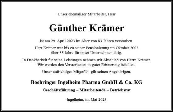 Traueranzeige von Günther Krämer von Allgemeine Zeitung Bingen/Ingelheim