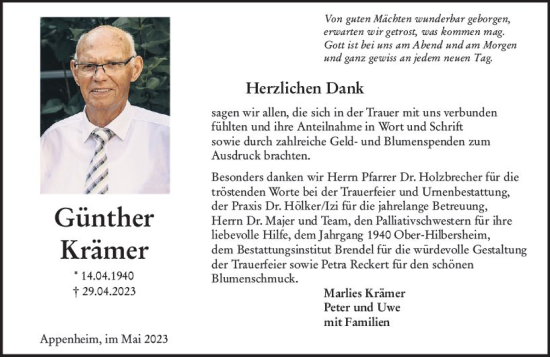 Traueranzeige von Günther Krämer von Allgemeine Zeitung Bingen/Ingelheim