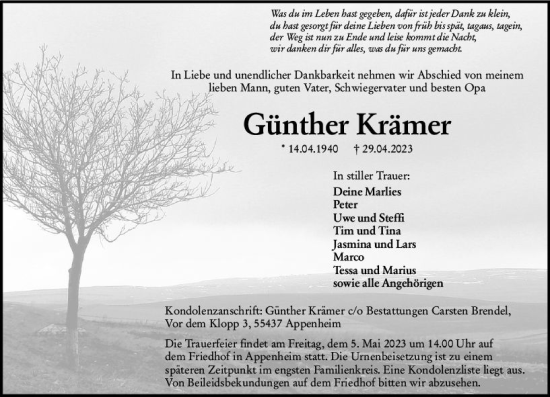 Traueranzeige von Günther Krämer von Allgemeine Zeitung Bingen/Ingelheim