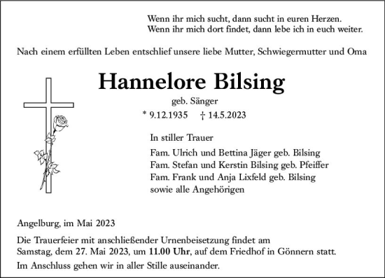 Traueranzeige von Hannelore Bilsing von Hinterländer Anzeiger