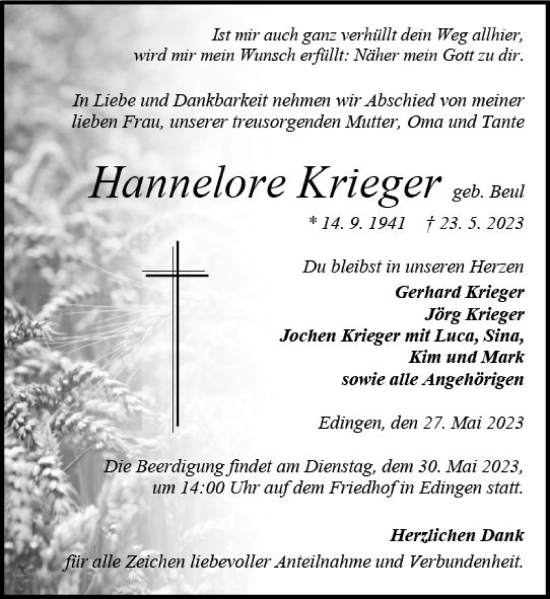 Traueranzeige von Hannelore Krieger von Dill Block