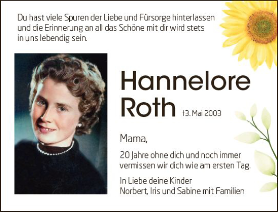 Traueranzeige von Hannelore Roth von Allgemeine Zeitung Mainz