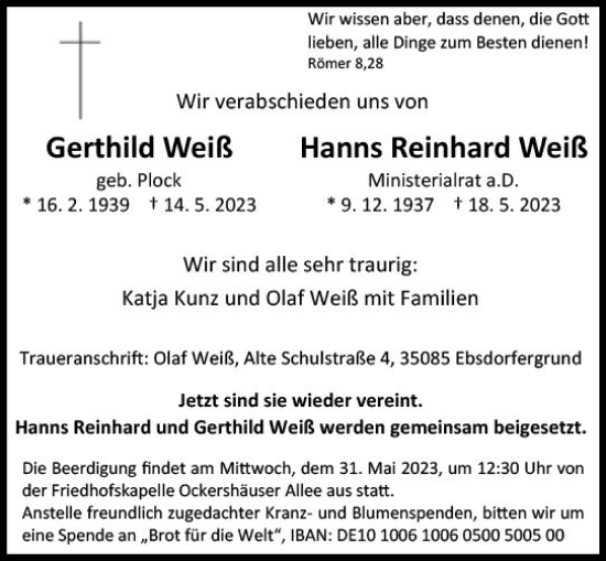 Traueranzeige von Hanns Reinhard Weiß von Wiesbadener Kurier
