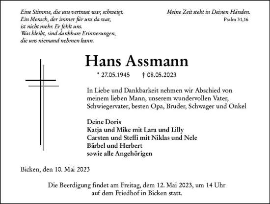 Traueranzeige von Hans Assmann von Dill Block