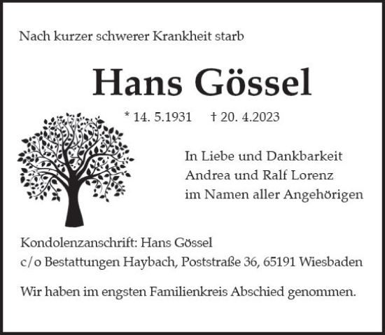 Traueranzeige von Hans Gössel von Wiesbadener Kurier