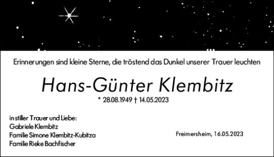 Traueranzeige von Hans-Günter Klembitz von Darmstädter Echo