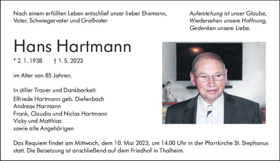 Traueranzeige von Hans Hartmann von Nassauische Neue Presse