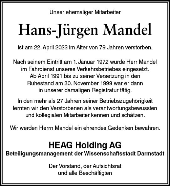 Traueranzeige von Hans-Jürgen Mandel von Darmstädter Echo