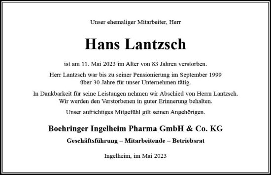 Traueranzeige von Hans Lantzsch von Allgemeine Zeitung Bingen/Ingelheim