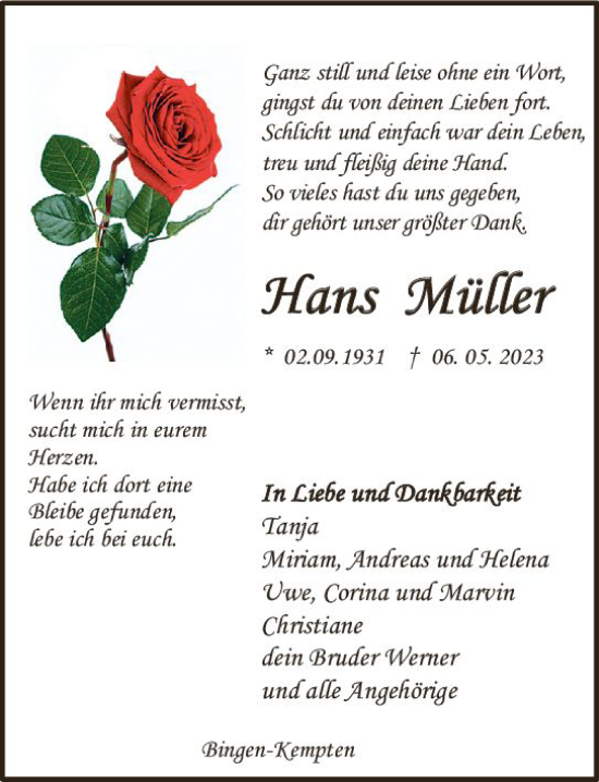 Traueranzeige von Hans Müller von Allgemeine Zeitung Bingen/Ingelheim