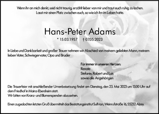 Traueranzeige von Hans-Peter Adams von Allgemeine Zeitung Mainz