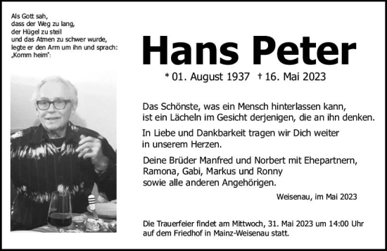 Traueranzeige von Hans Peter von Allgemeine Zeitung Mainz