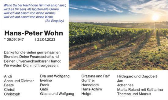 Traueranzeige von Hans-Peter Wohn von Wiesbadener Kurier