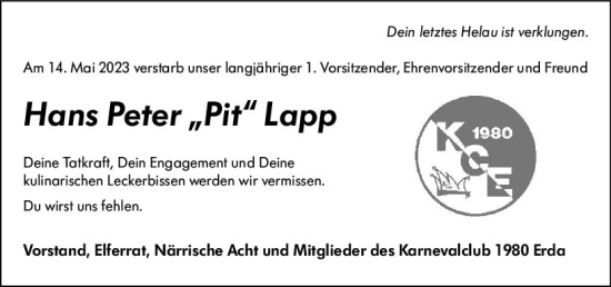 Traueranzeige von Hans Peter Lapp von Wetzlarer Neue Zeitung