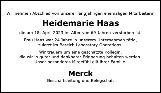 Traueranzeige von Heidemarie Haas von Darmstädter Echo