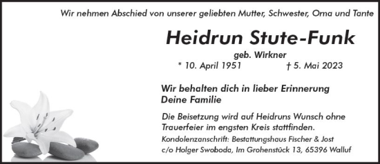 Traueranzeige von Heidrun Stute-Funk von Wiesbadener Kurier
