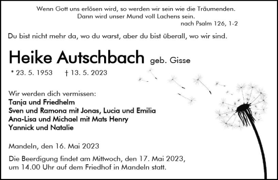 Traueranzeige von Heike Autschbach von Dill Block