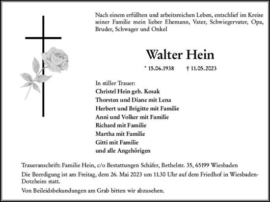 Traueranzeige von Hein Walter von Wiesbadener Kurier