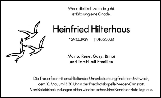 Traueranzeige von Heinfried Hilterhaus von Allgemeine Zeitung Mainz