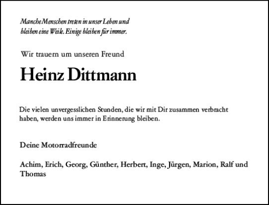 Traueranzeige von Heinz Dittmann von Odenwälder Echo