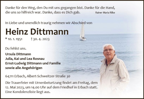 Traueranzeige von Heinz Dittmann von Odenwälder Echo