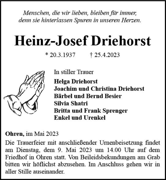 Traueranzeige von Heinz-Josef Driehorst von Camberger Anzeiger
