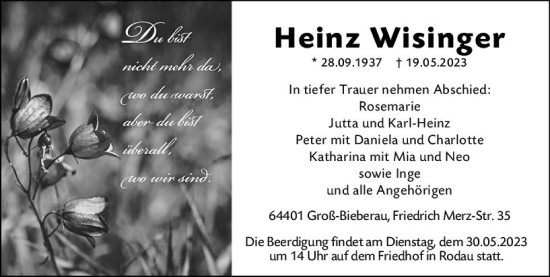 Traueranzeige von Heinz Wisinger von Darmstädter Echo