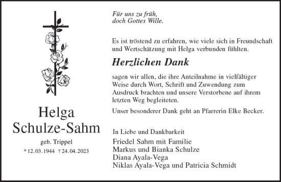 Traueranzeige von Helga Schulze-Sahm von Darmstädter Echo