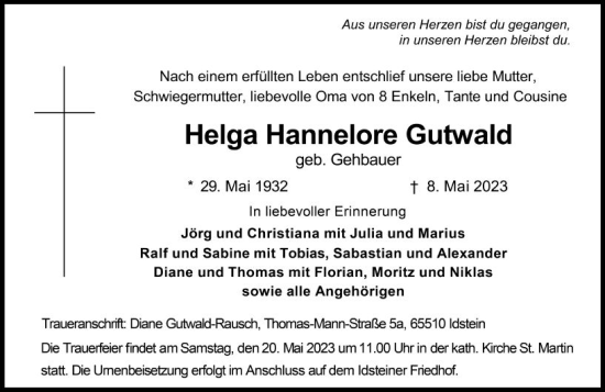 Traueranzeige von Helga Hannelore Gutwald von Idsteiner Land/Untertaunus