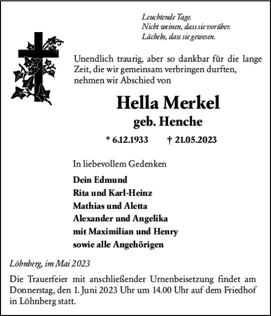 Traueranzeige von Hella Merkel von Weilburger Tageblatt