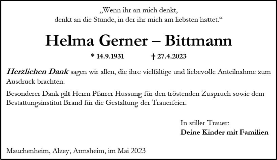 Traueranzeige von Helma Gerner-Bittmann von Allgemeine Zeitung Alzey