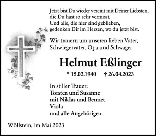 Traueranzeige von Helmut Eßlinger von Alzeyer Wochenblatt