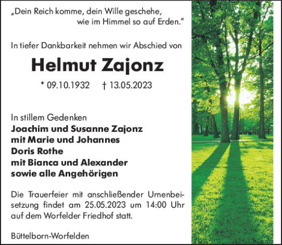 Traueranzeige von Helmut Zajonz von Groß-Gerauer Echo