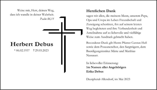 Traueranzeige von Herbert Debus von Hinterländer Anzeiger