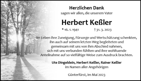 Traueranzeige von Herbert Keßler von Odenwälder Echo