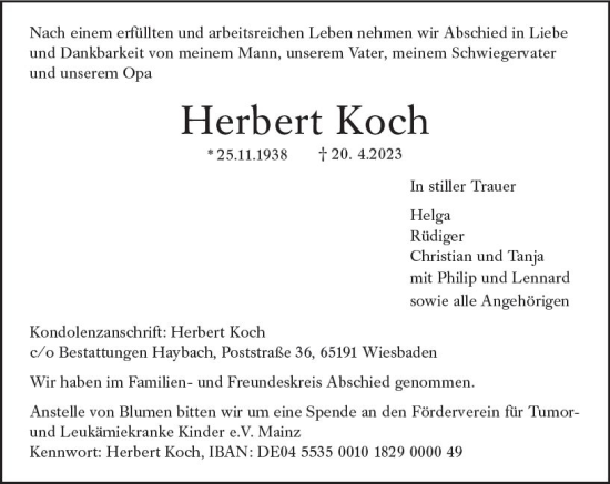 Traueranzeige von Herbert Koch von Wiesbadener Kurier