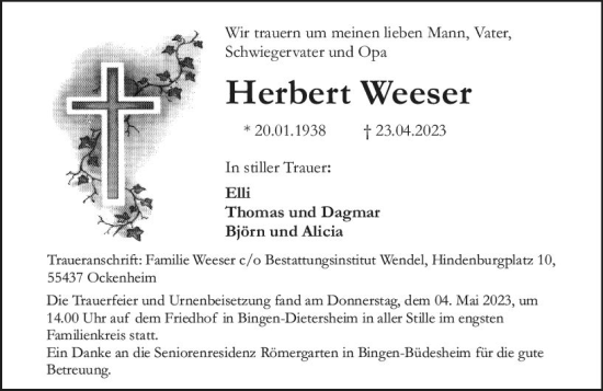 Traueranzeige von Herbert Weeser von Allgemeine Zeitung Bingen/Ingelheim