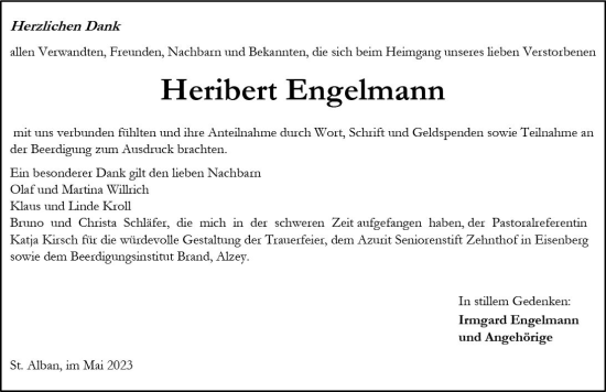 Traueranzeige von Heribert Engelmann von Allgemeine Zeitung Alzey