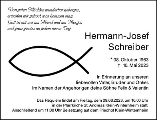 Traueranzeige von Hermann-Josef Schreiber von Wormser Zeitung
