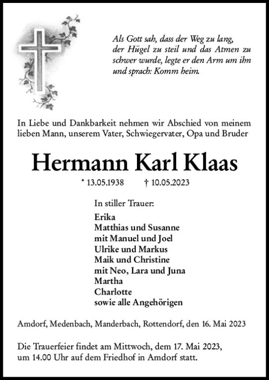 Traueranzeige von Hermann Karl Klaas von Dill Block